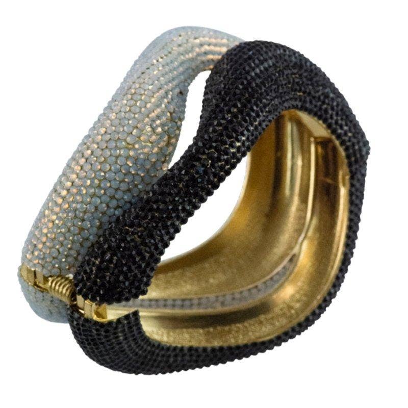 Double Curve Crystal Bangle Bracelet - Silver & Black