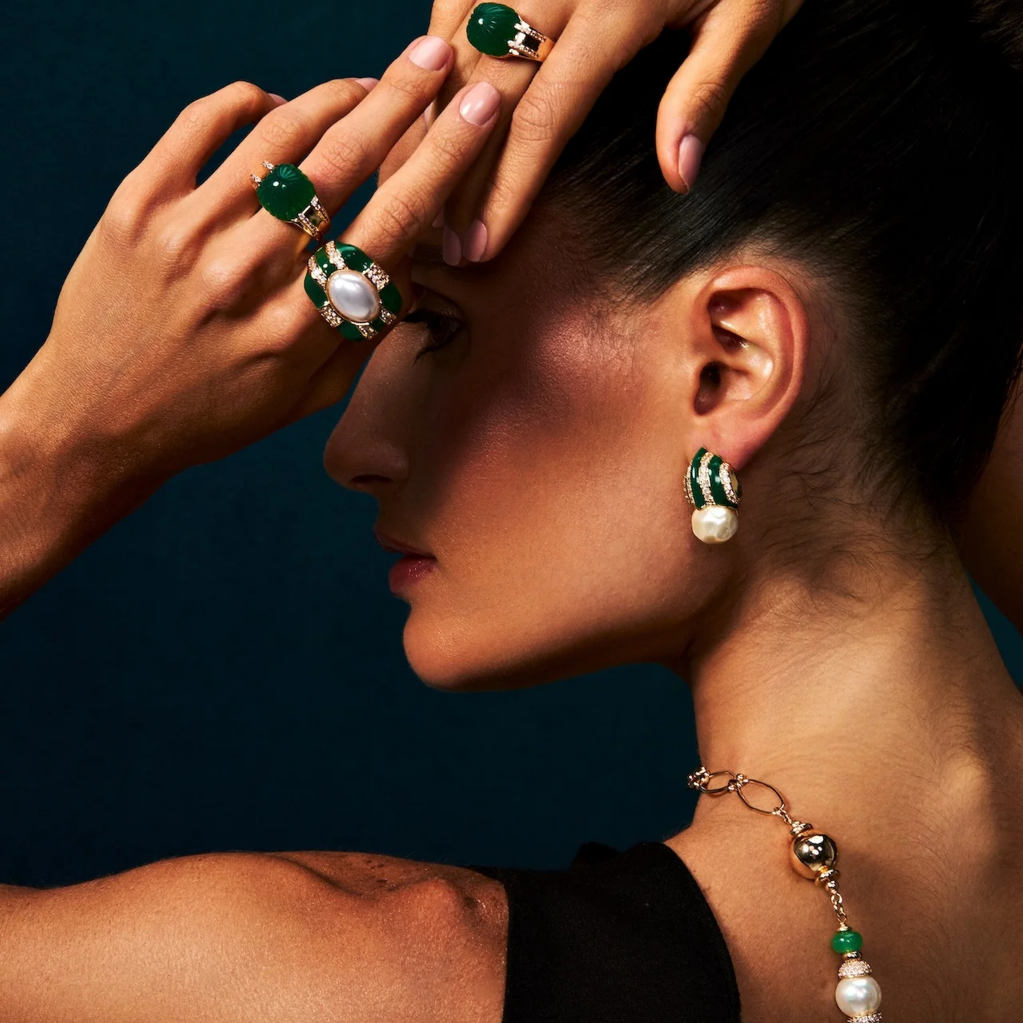 Graz Pearl & Crystal Stud Earrings - Green