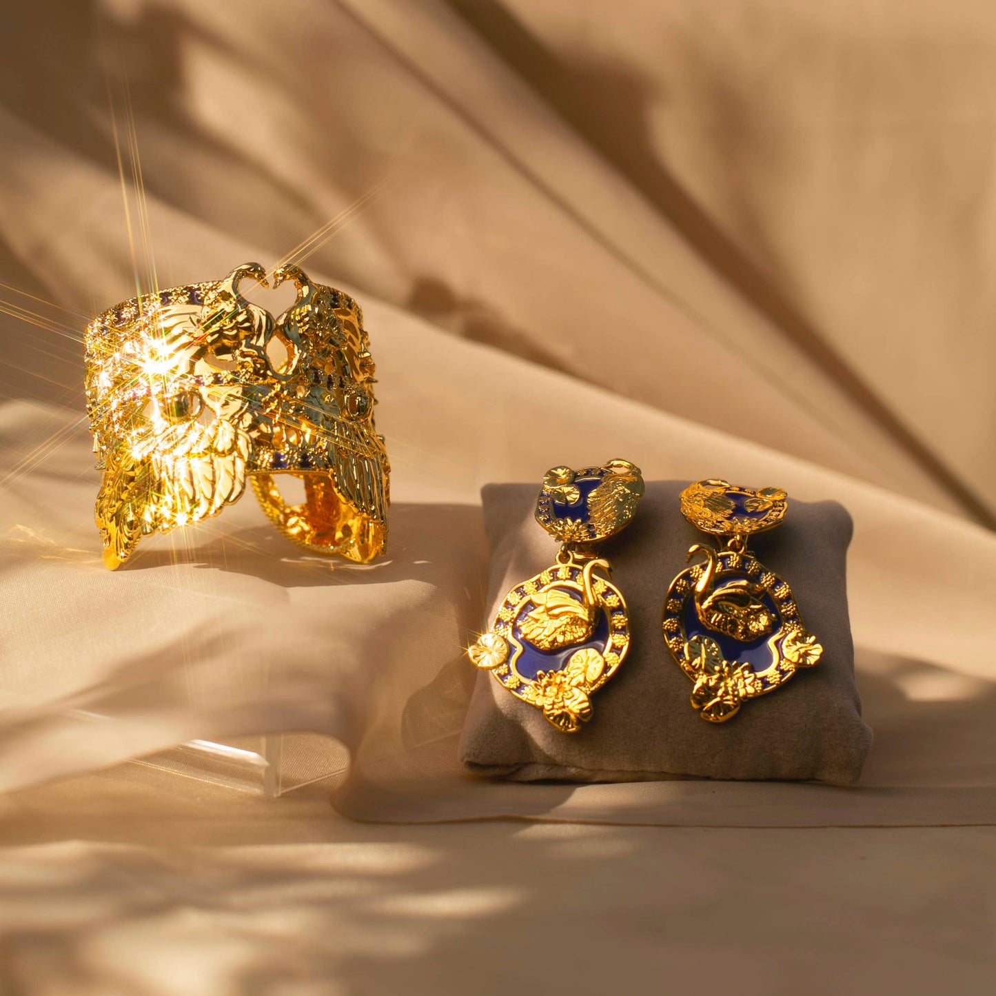 Tea and Lilies Cuff Bracelet - Gold with Cobalt Blue Accents
