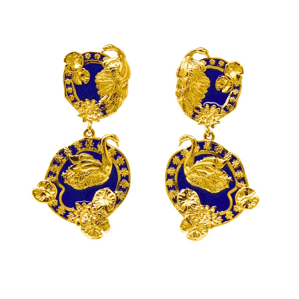 Tea and Lilies Drop Earrings - Cobalt Blue & Gold