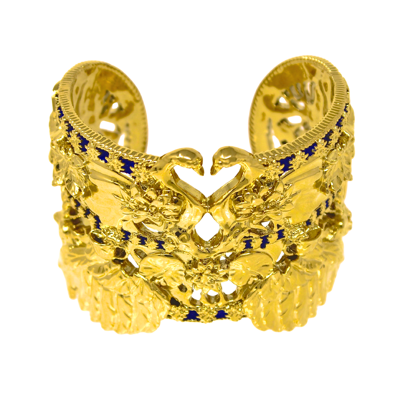 Tea and Lilies Cuff Bracelet - Gold with Cobalt Blue Accents