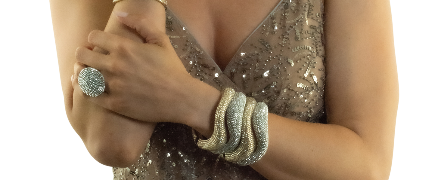 Double Curve Crystal Bangle Bracelet - Silver & Black