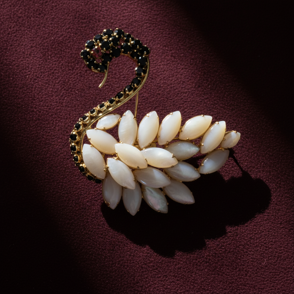 Odette Swan Brooch - Onyx & Mother of Pearl