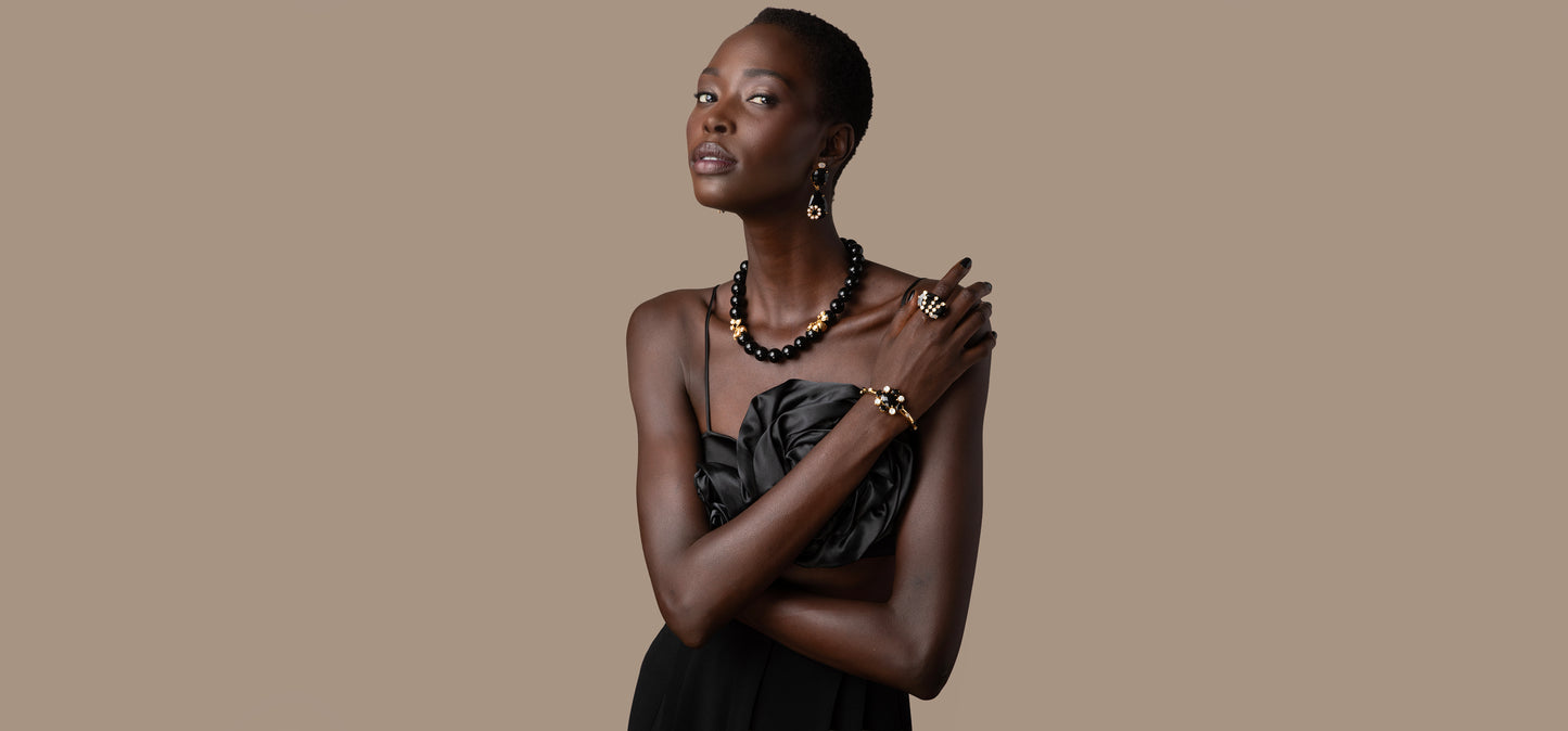 Cleo Floral Burst Cuff Bracelet - Onyx, Mother of Pearl & Gold