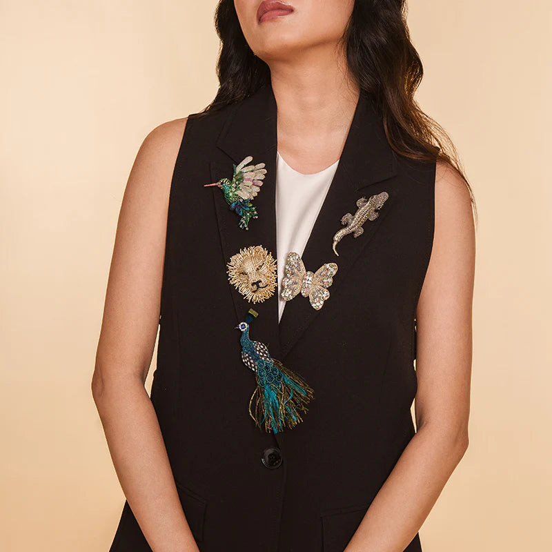 Peacock Brooch - Beaded with Feathers