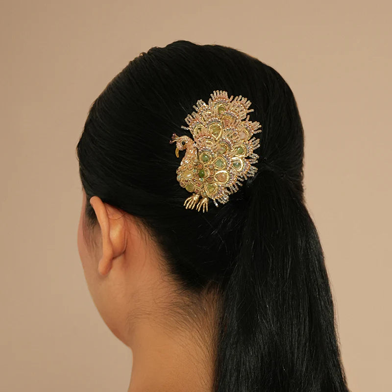 Maharaja Peacock Brooch - Sage & Gold