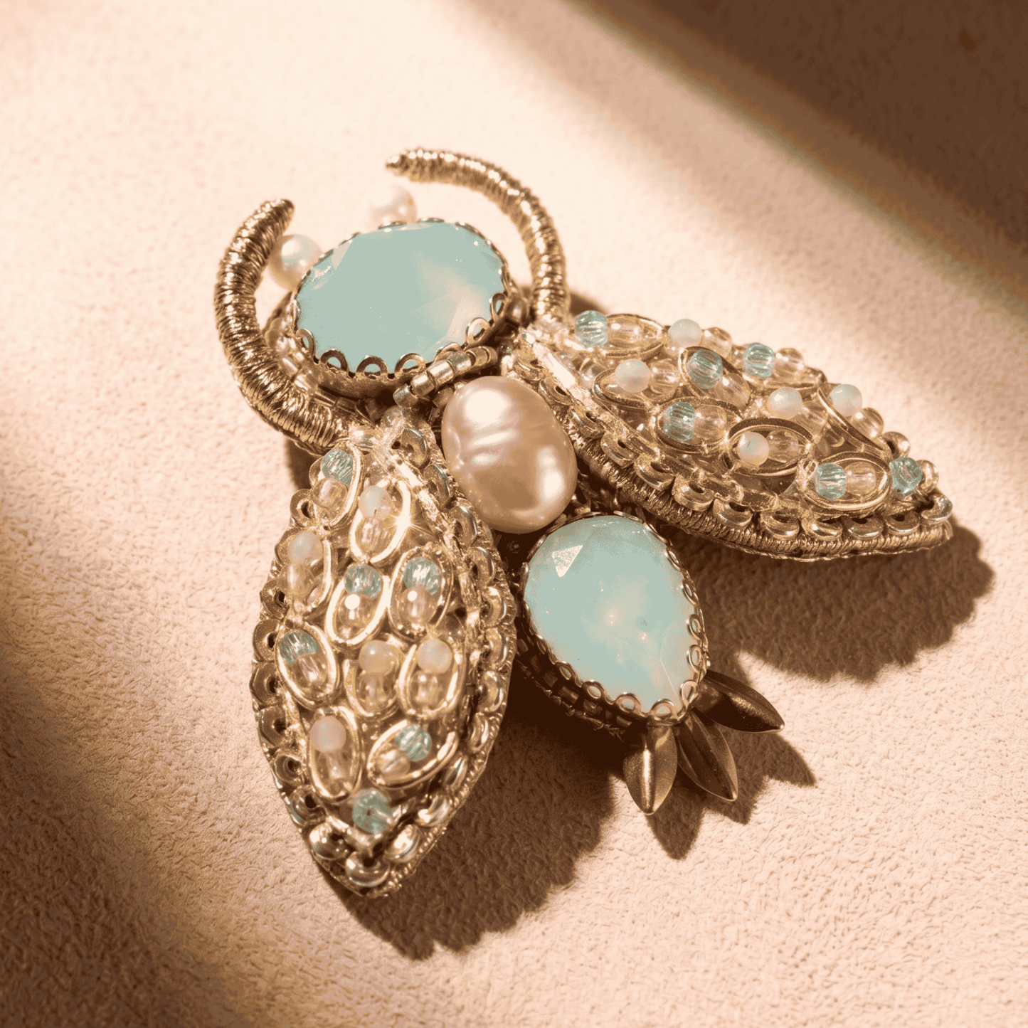 Beetle Brooch - Mint & Gold Beaded