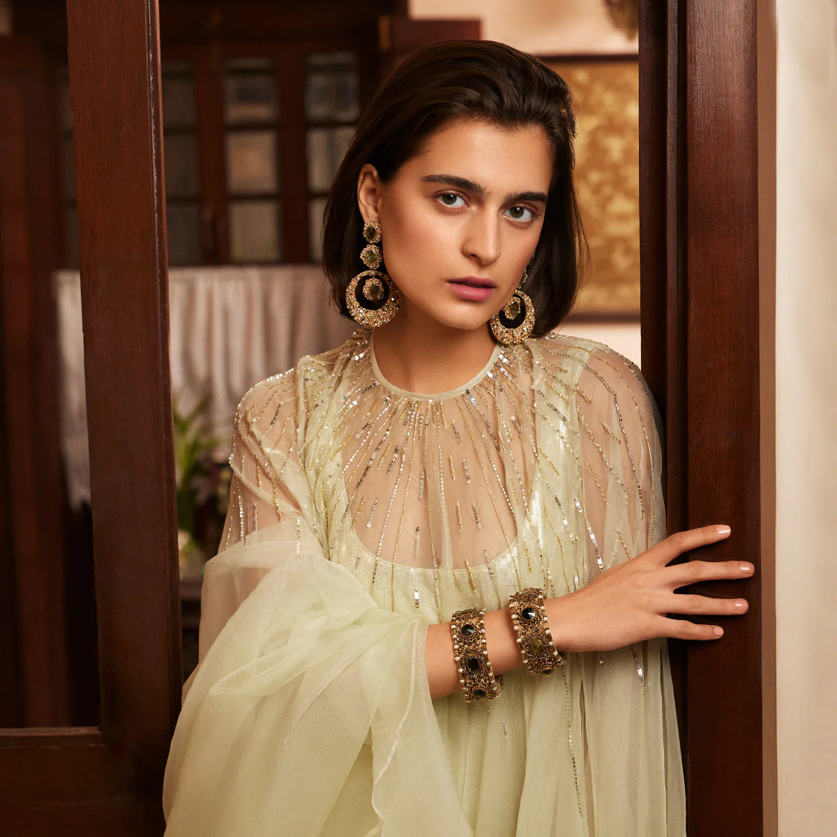 Bronwen Beaded Cuff Bracelet - Olive