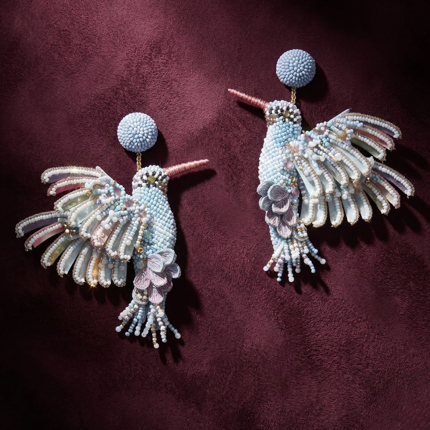 Hummingbird Beaded Earrings - Powder Blue