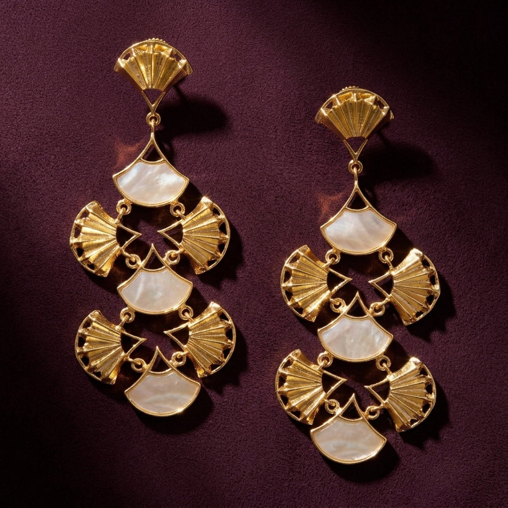 Pankha Chandelier Earrings - Gold & Mother of Pearl Resin