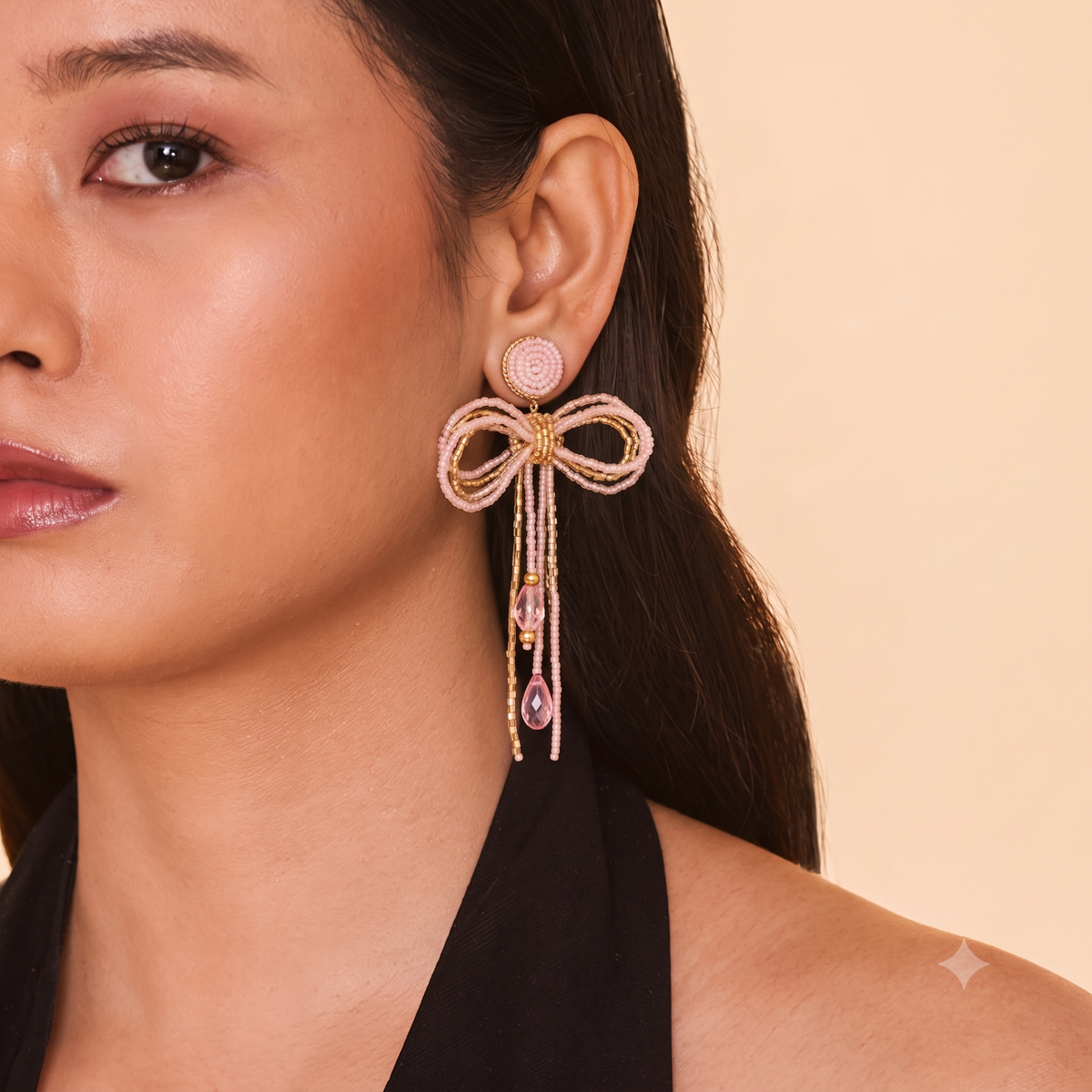 Coquette Beaded Bow Earrings - Pink & Gold