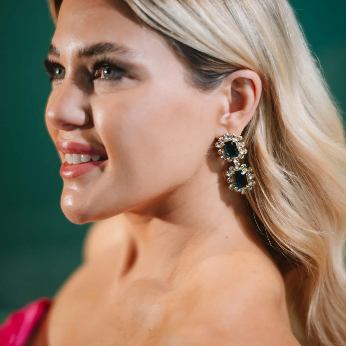 Europe Double Emerald-Cut Crystal Drop Earrings - Emerald