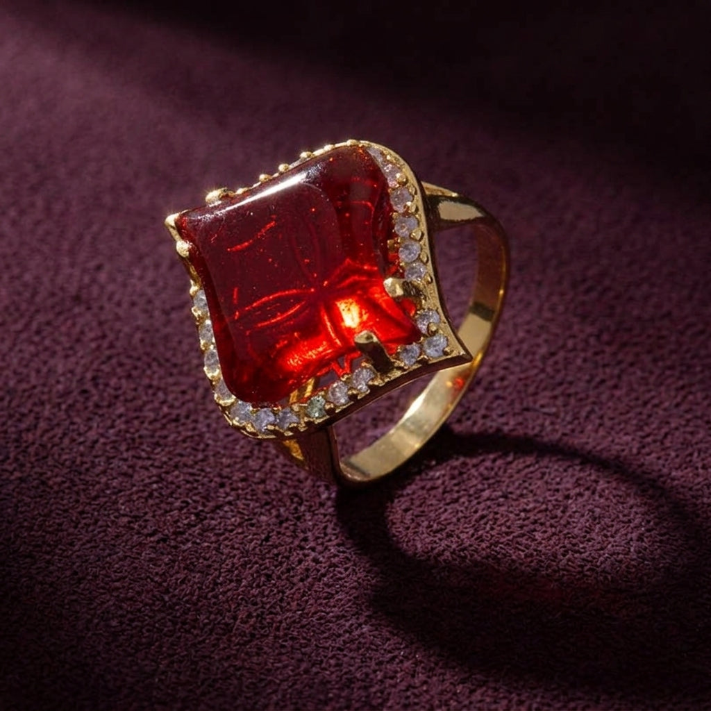 Gold Petal Garnet Red Crystal Ring