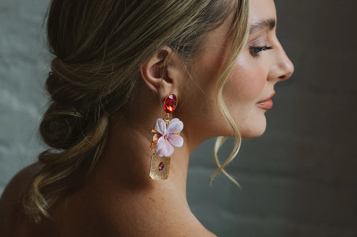 Sunburst Floral Drop Earrings - Pink & Ruby Red