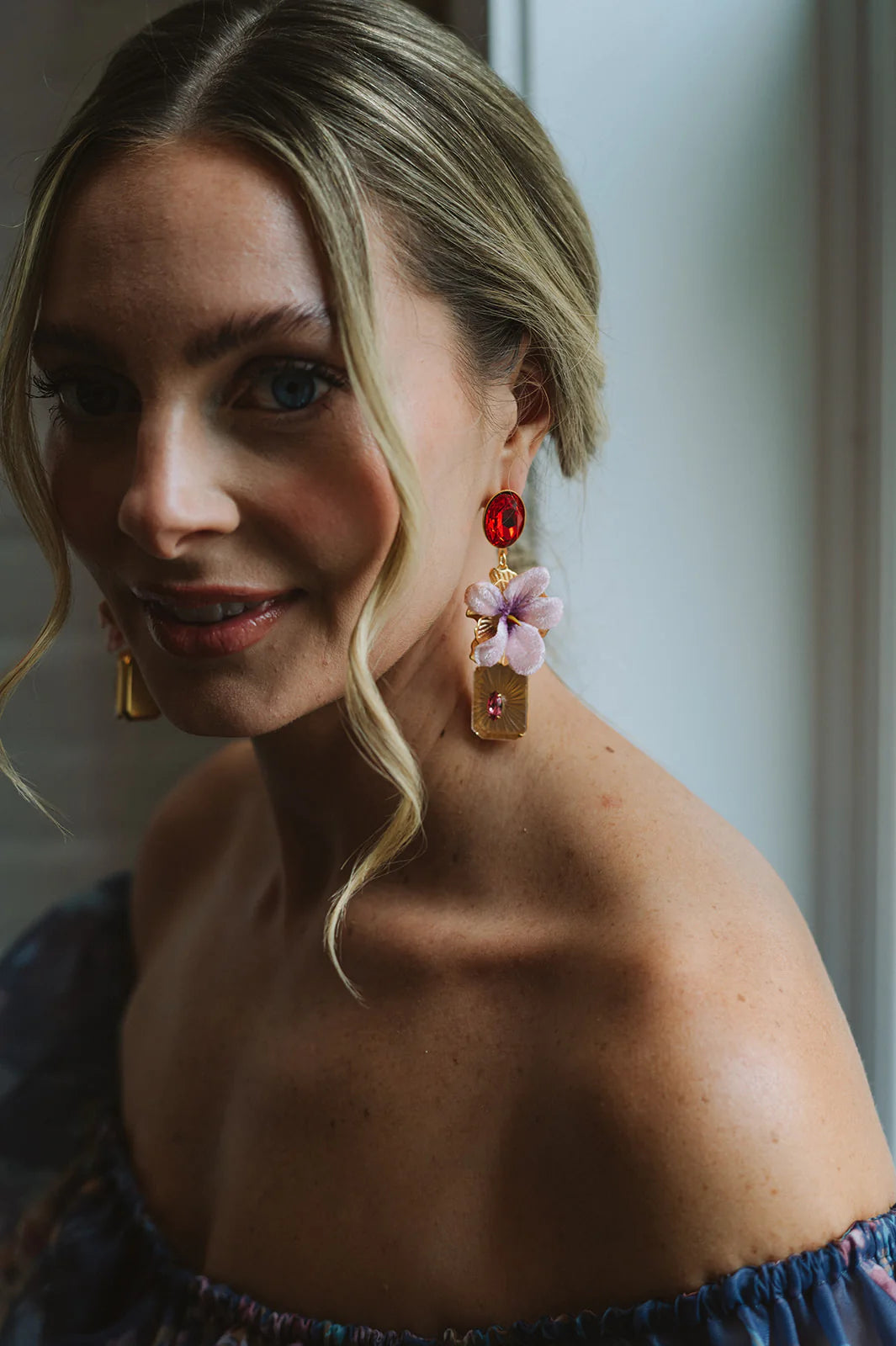Sunburst Floral Drop Earrings - Pink & Ruby Red