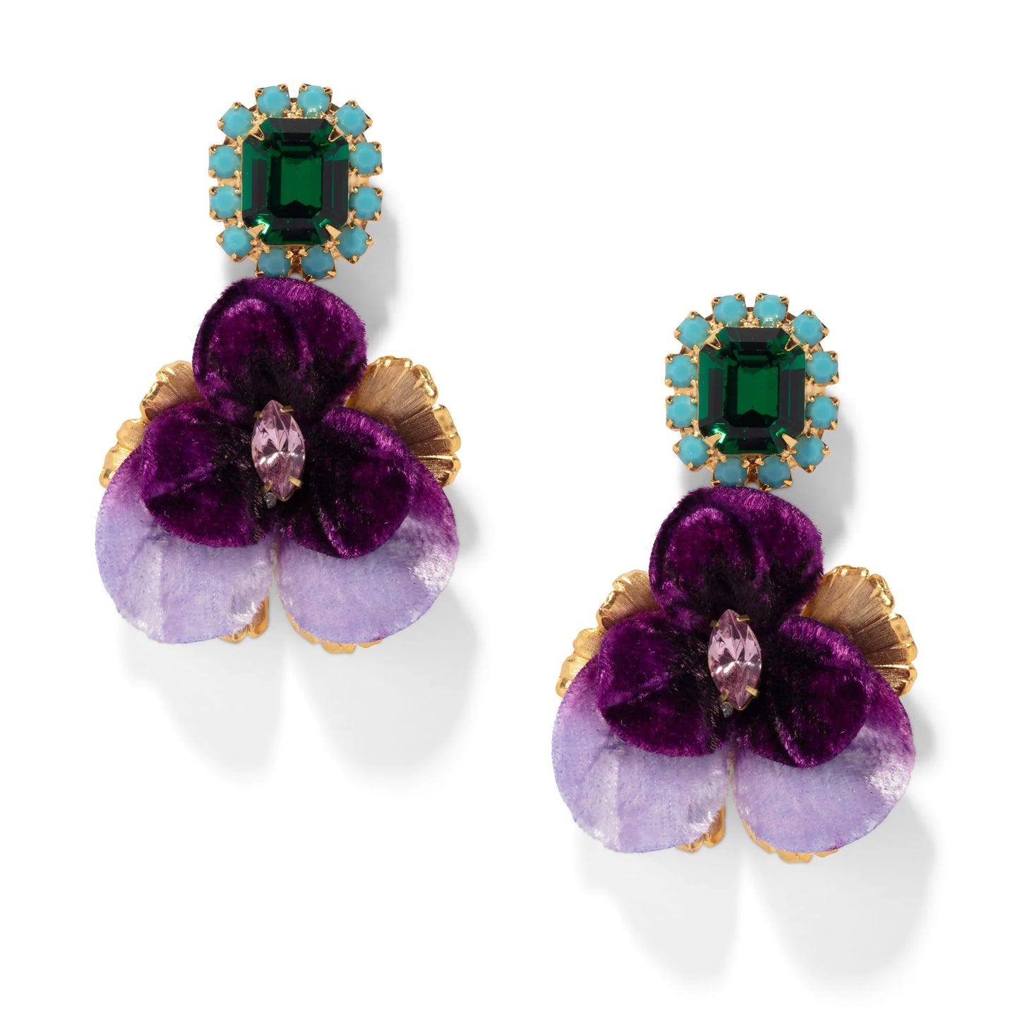 Pansy Drop Earrings - Purple & Green