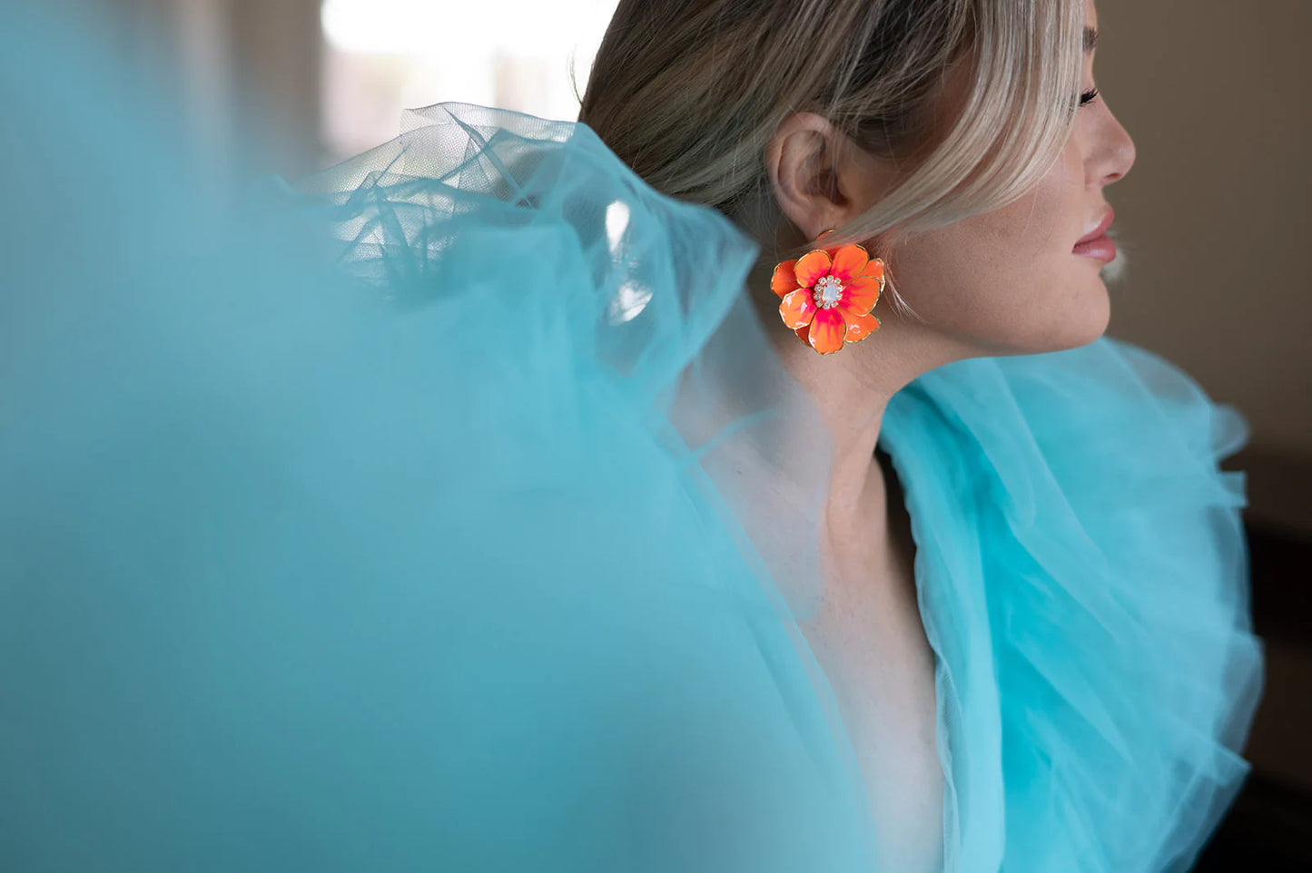 Neon Orange Jewel Box Floral Earrings. 2 of 3.