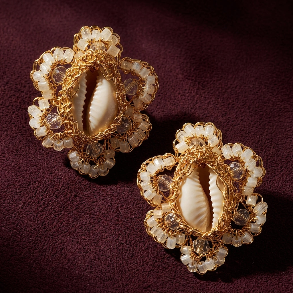 Cowrie Shell Beaded Crochet Stud Earrings