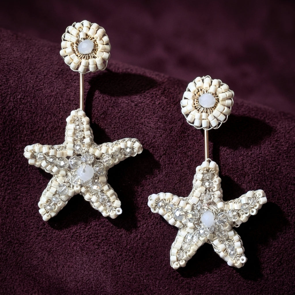 Sea Star Dangle Earrings - White & Silver