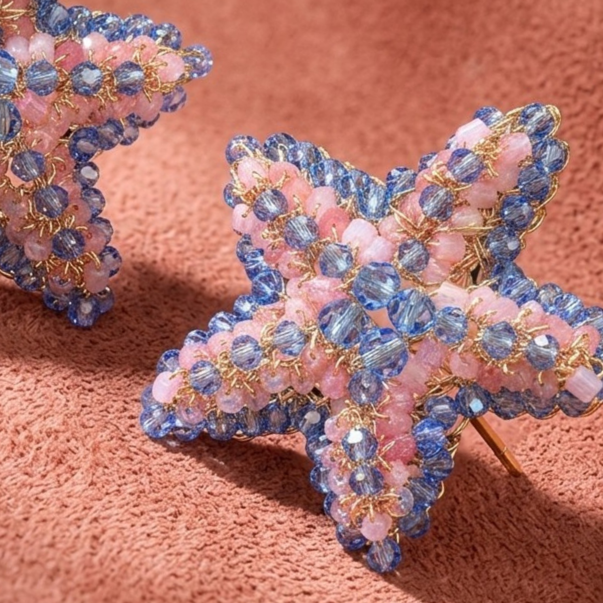 Beaded Sea Star Statement Stud Earrings - Pink & Blue