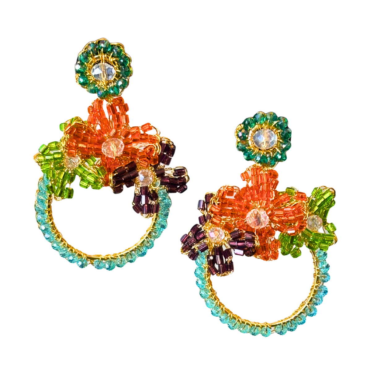 Garden Multicolor Beaded Floral Halo Drop Earrings