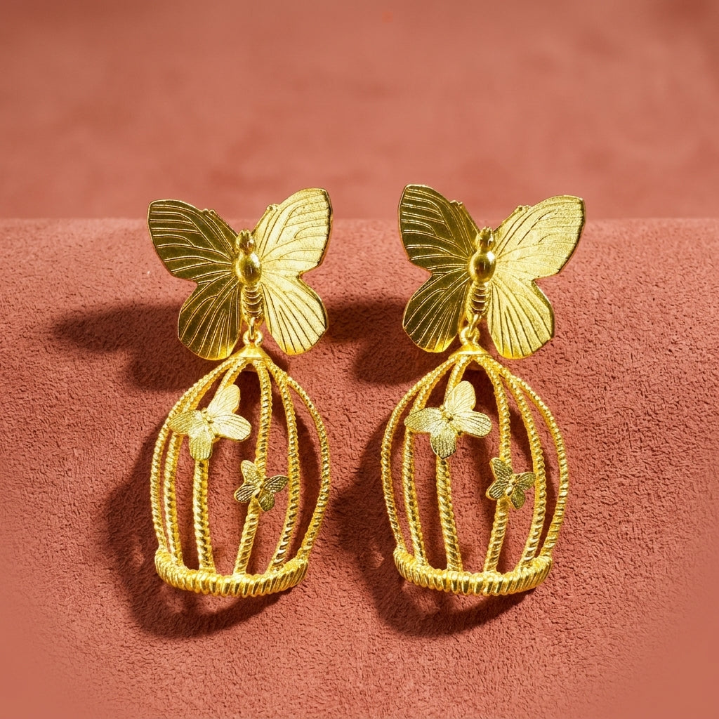 Gold Butterfly Bird Cage Earrings