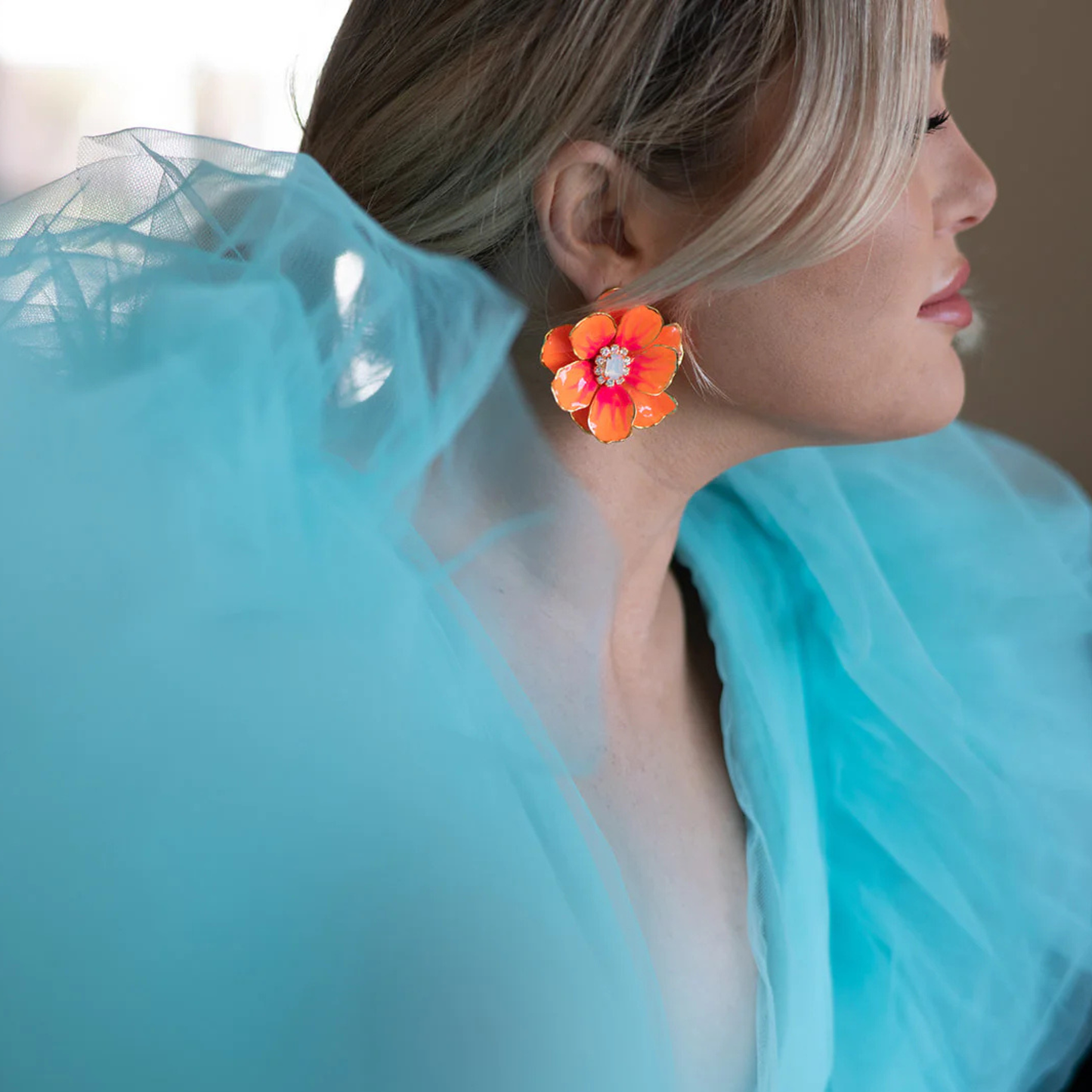 Jewel Box Floral Earrings - Neon Orange
