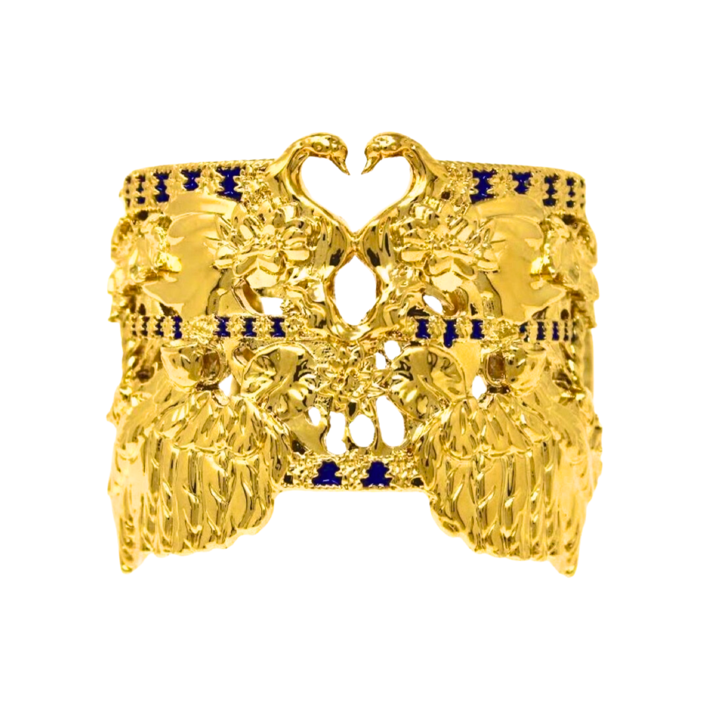 Tea and Lilies Cuff Bracelet - Gold with Cobalt Blue Accents