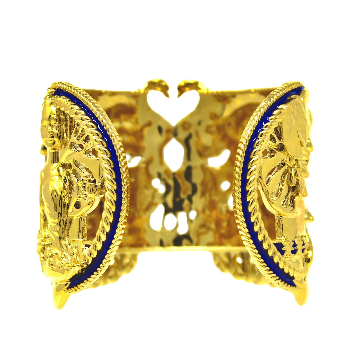 Tea and Lilies Cuff Bracelet - Gold with Cobalt Blue Accents
