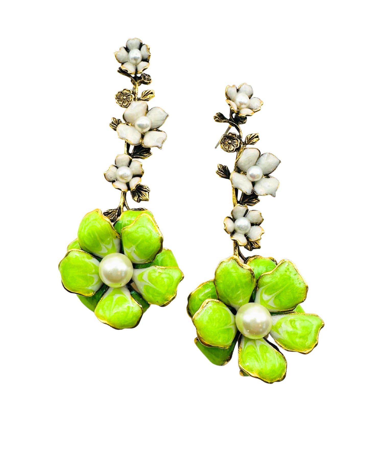 Lime & White Big Bloom Enamel Drop Earrings
