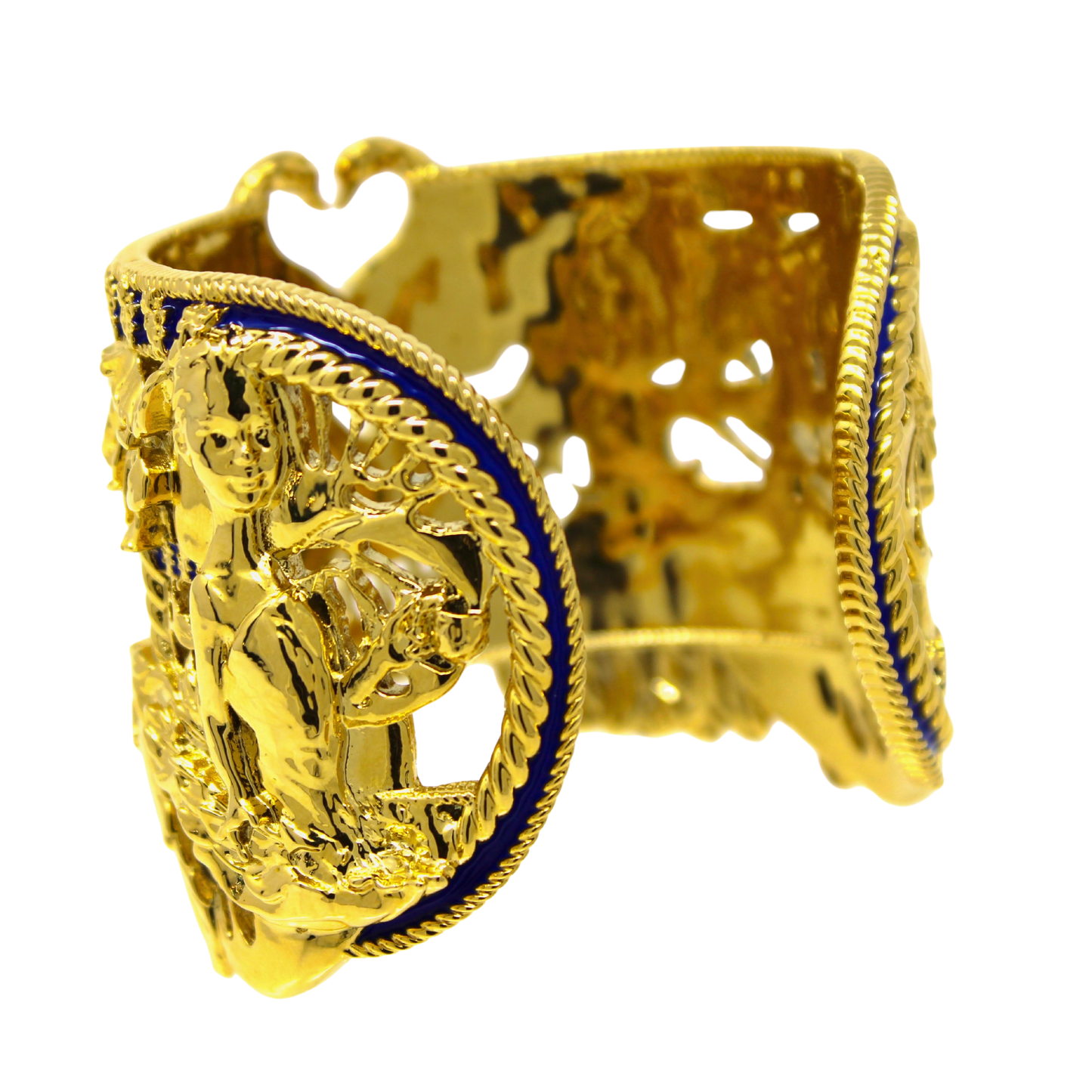 Tea and Lilies Cuff Bracelet - Gold with Cobalt Blue Accents
