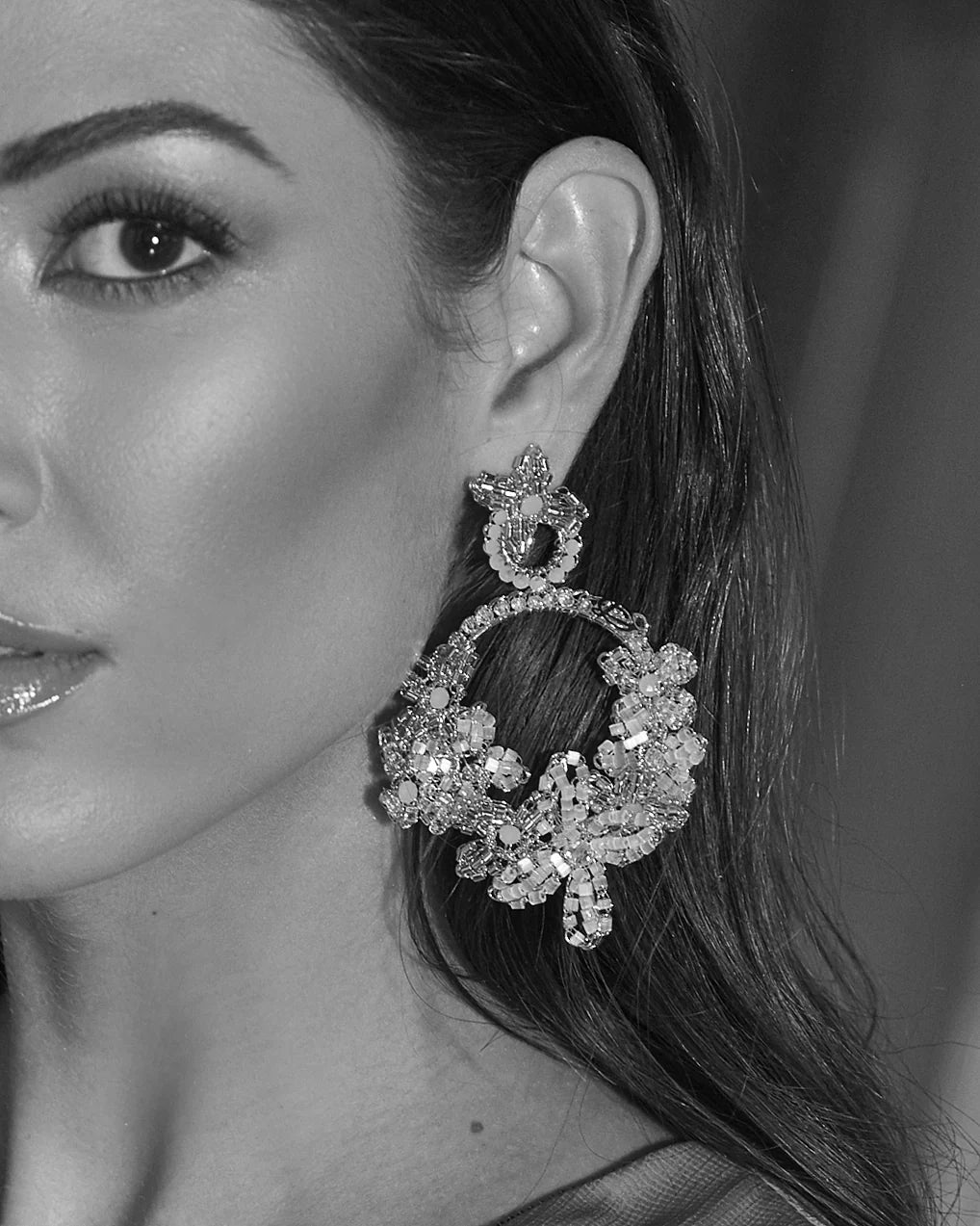 Large Garden Beaded Floral Halo Drop Earrings - White & Silver