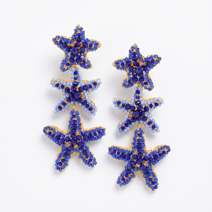 Beaded Sea Star Cascade Earrings - Cobalt Blue