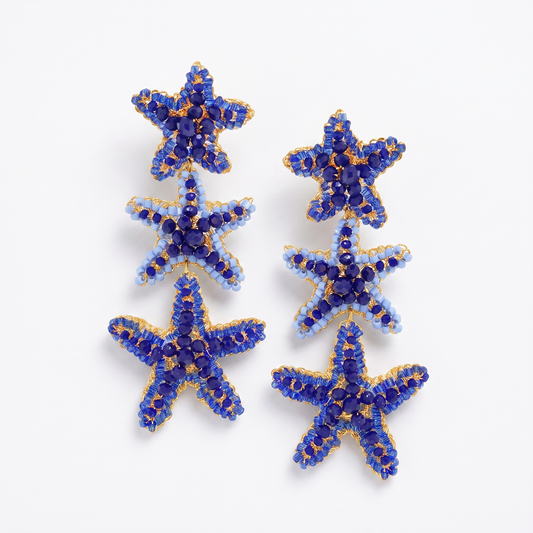 Beaded Sea Star Cascade Earrings - Cobalt Blue