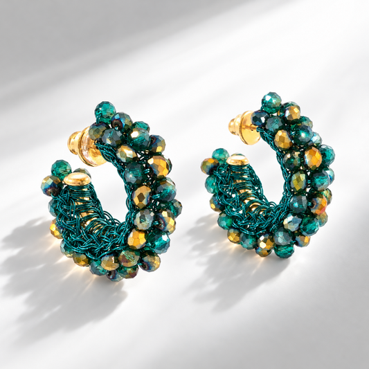 Dandelions Beaded Hoop Earrings - Teal