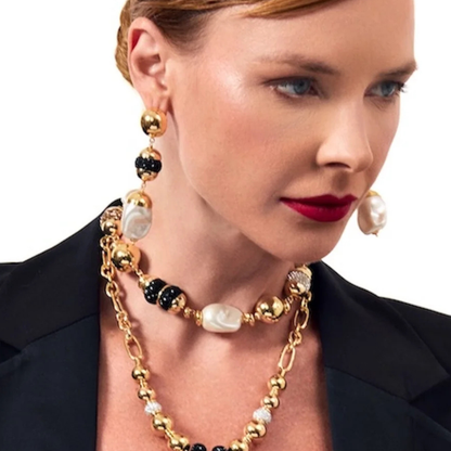 Gala Baroque Pearl & Black Crystal Dangle Earrings