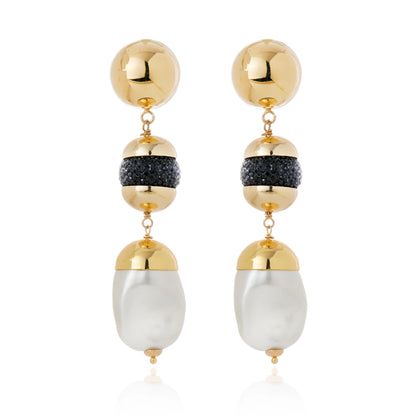 Gala Baroque Pearl & Black Crystal Dangle Earrings