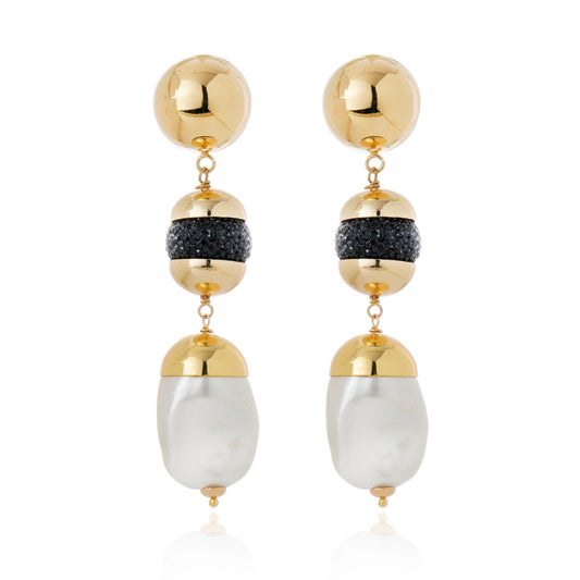 Gala Baroque Pearl & Black Crystal Dangle Earrings