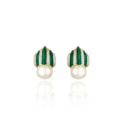 Graz Pearl & Crystal Stud Earrings - Green