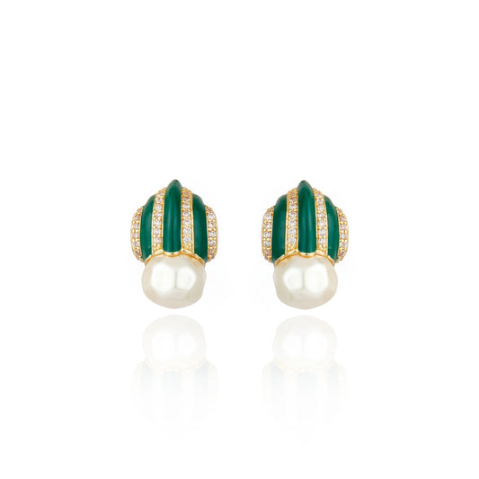 Graz Pearl & Crystal Stud Earrings - Green