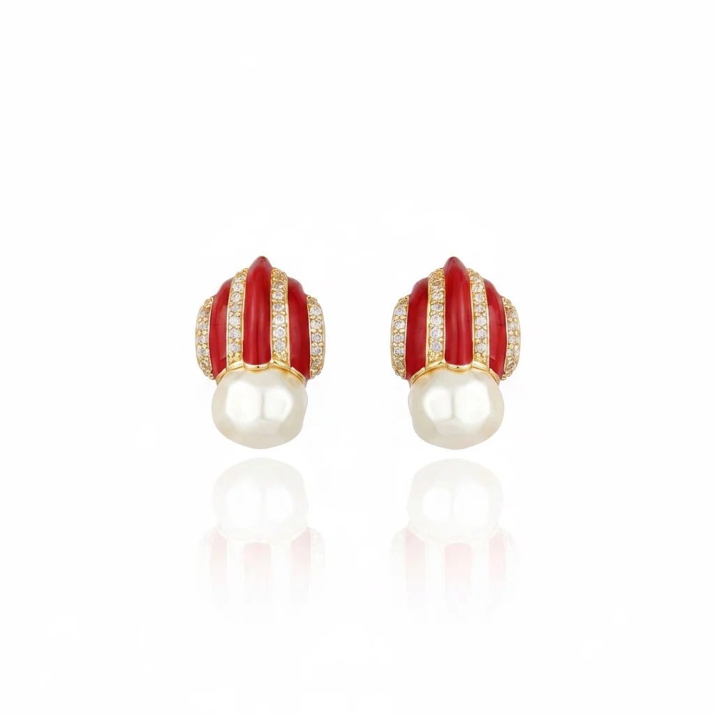 Graz Pearl & Zirconia Stud Earrings - Red