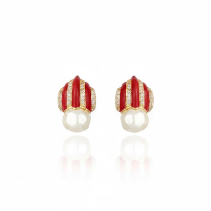 Graz Pearl & Zirconia Stud Earrings - Red