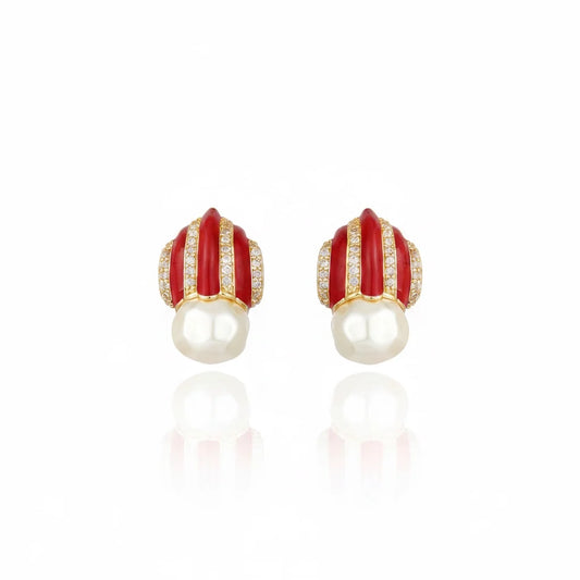Graz Pearl & Zirconia Stud Earrings - Red