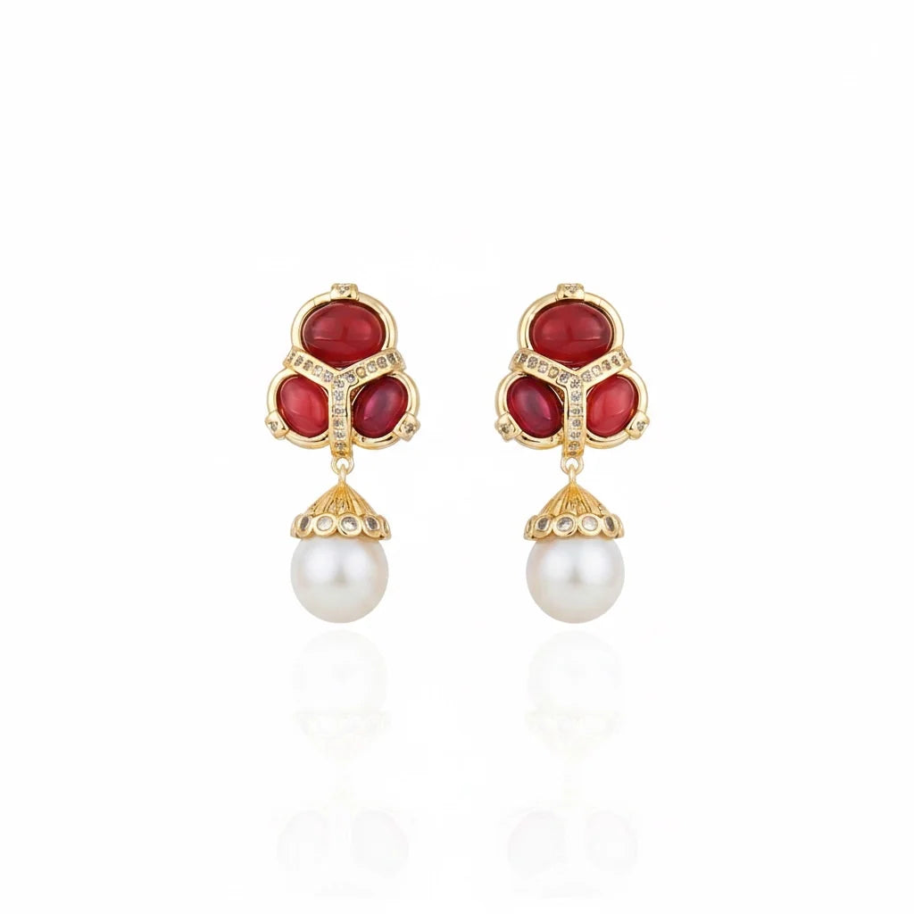 Martins Cabochon Trio Pearl Drop Earrings - Red
