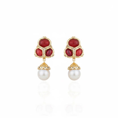 Martins Cabochon Trio Pearl Drop Earrings - Red