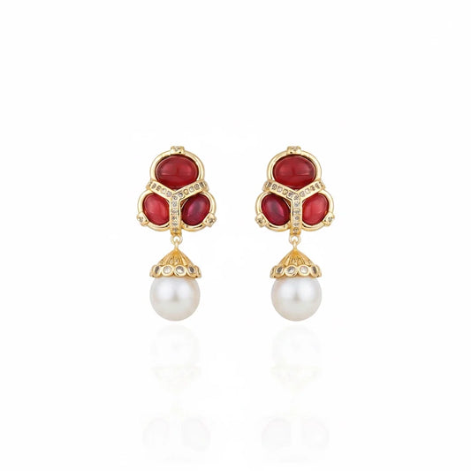 Martins Cabochon Trio Pearl Drop Earrings - Red