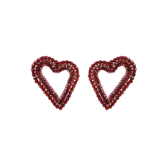 Cherry Red Beaded Amour Heart Earrings