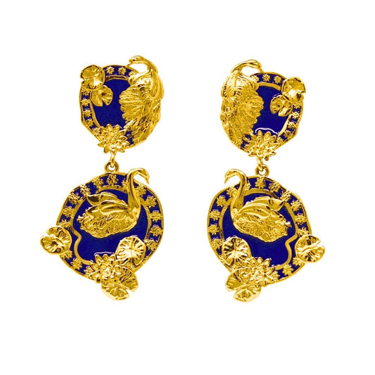 Tea and Lilies Drop Earrings - Cobalt Blue & Gold