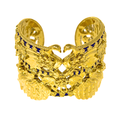 Tea and Lilies Cuff Bracelet - Gold with Cobalt Blue Accents