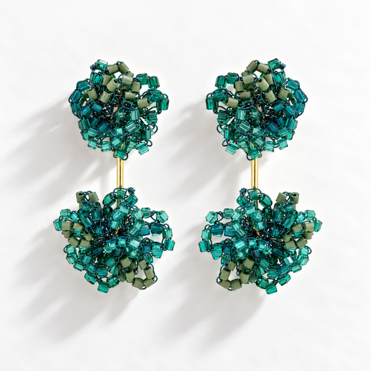 Agatha Beaded Pom-Pom Drop Earrings - Teal